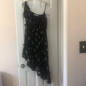 MSGM Black and Floral Dress with Angled Hem